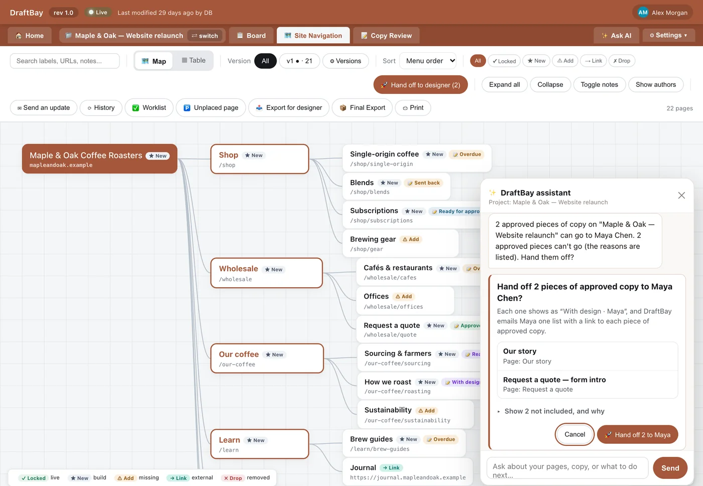 Site Navigation for the Maple & Oak sample with the DraftBay assistant open, proposing to hand off two pieces of approved copy to Maya Chen, with Cancel and Hand off 2 to Maya buttons.